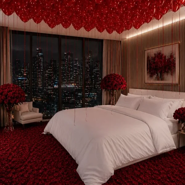 Crimson Luxe red rose and balloon bridal room decoration in Dhaka by Le Florist