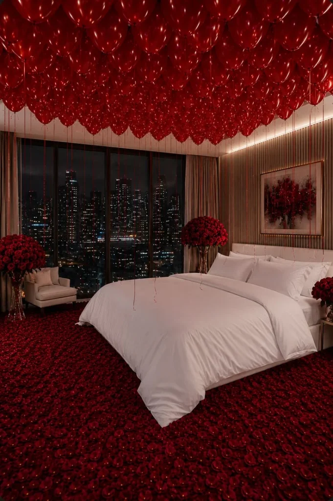 Crimson Luxe red rose and balloon bridal room decoration in Dhaka by Le Florist