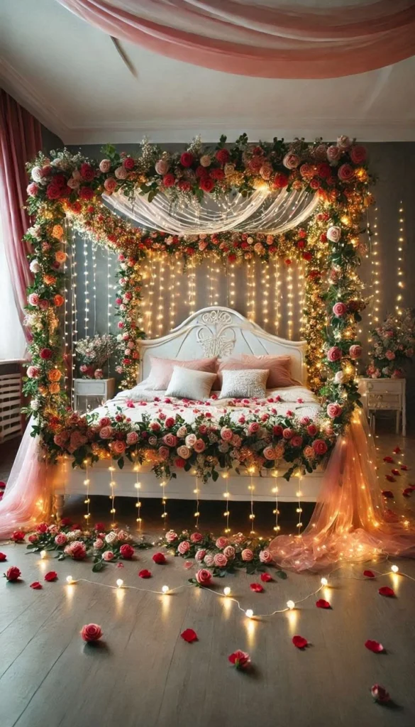 Golden Glow rose arch bashor ghor decoration with fairy lights in Dhaka by Le Florist