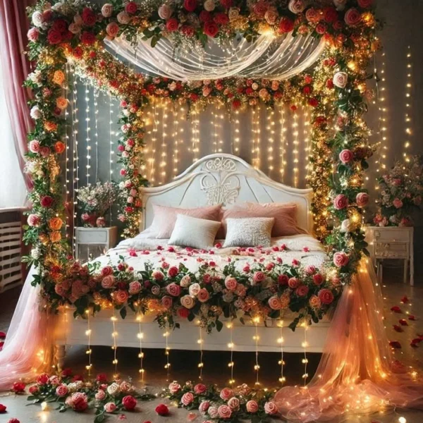 Golden Glow rose arch bashor ghor decoration with fairy lights in Dhaka by Le Florist