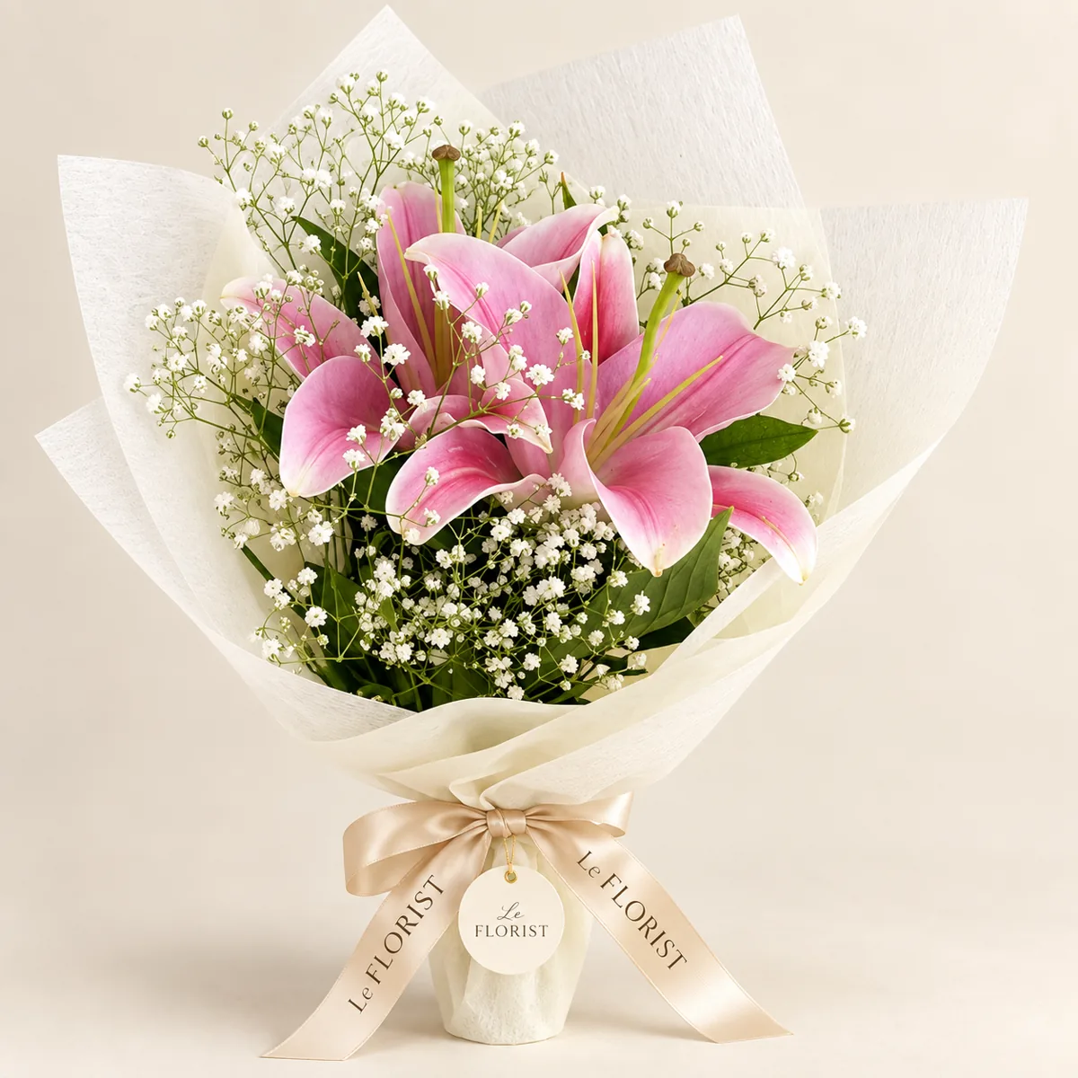 Pink Lily Bouquet with Baby's Breath by Le Florist, flower delivery in Dhaka