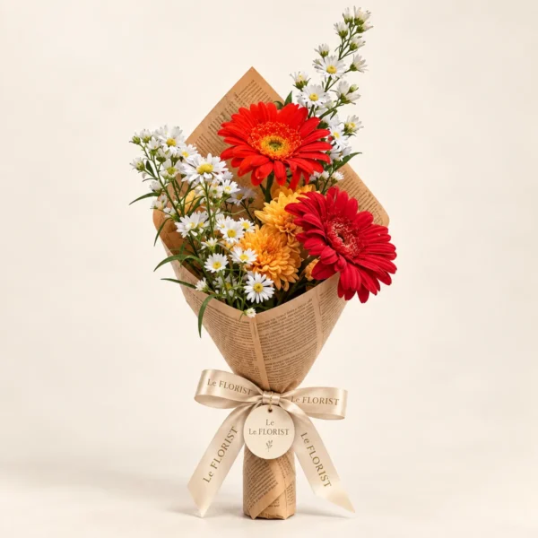 Red Gerbera & Daisy Bouquet in Vintage Newspaper Wrap by Le Florist, flower delivery in Dhaka