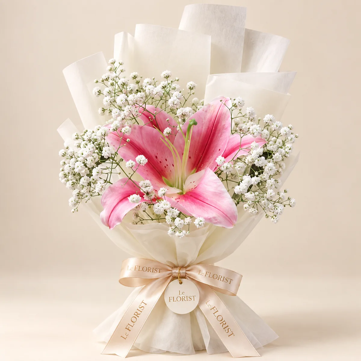 Single Pink Lily Mini Bouquet by Le Florist, flower delivery in Dhaka
