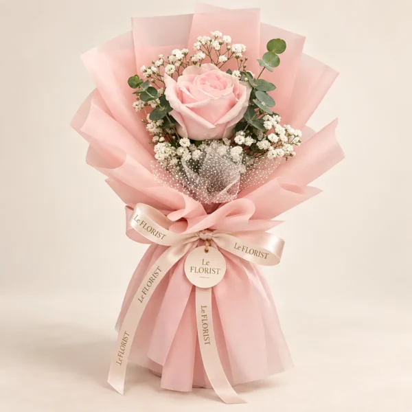 Single Pink Rose Bouquet with Eucalyptus by Le Florist, flower delivery in Dhaka