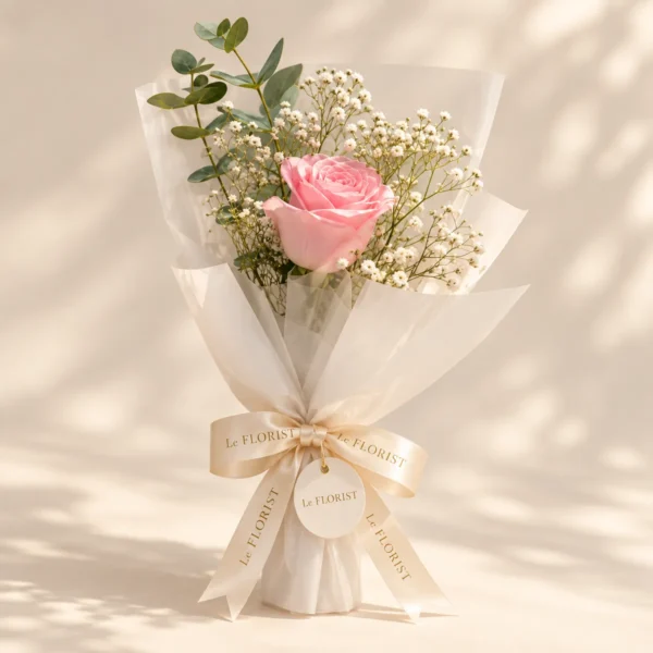 Single Pink Rose in White Sheer Wrap by Le Florist, flower delivery in Dhaka
