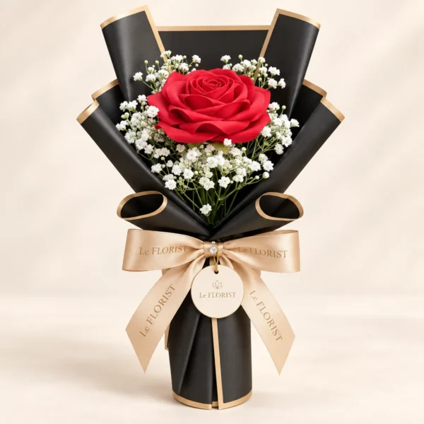 Single Red Rose Luxe Black & Gold Bouquet by Le Florist, flower delivery in Dhaka