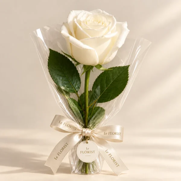 Single White Rose Stem Gift by Le Florist, flower delivery in Dhaka