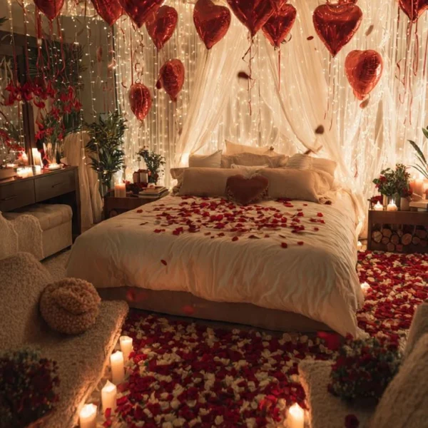 Velvet Heart Night rose petal bashor ghor decoration in Dhaka by Le Florist