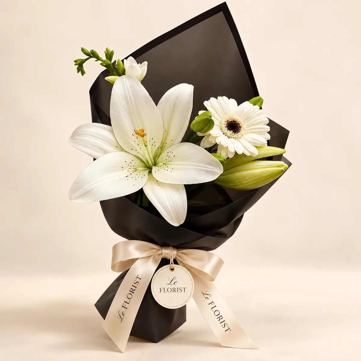 White Lily & Gerbera Bouquet in Black Wrap by Le Florist, flower delivery in Dhaka